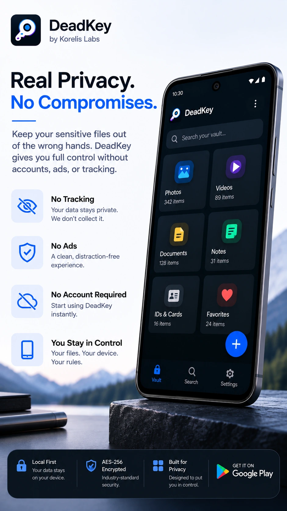 DeadKey product artwork showing the vault interface and privacy controls on an Android phone.